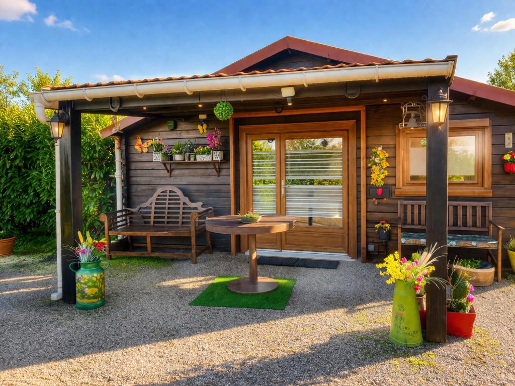 a wooden cabin with a bench and a table at LE PETIT CHALET DE SYLVIANE in Budelière