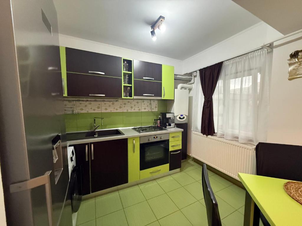 a kitchen with green and black cabinets and a sink at Green Paradise in Curtea de Argeş