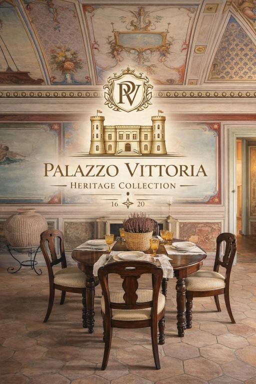 a dining room with a table and chairs and a wall at Hotel Palazzo Vittoria Heritage Collection in Cerveteri