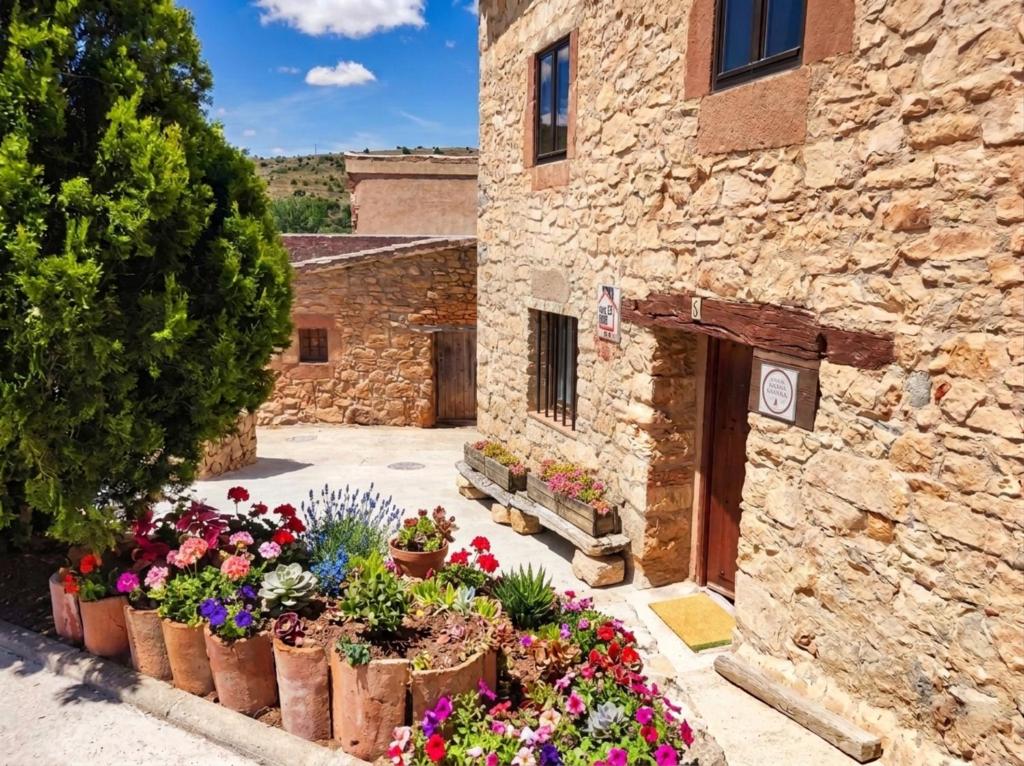 a group of flowers in front of a stone building at Donde Elvira in Valderromán
