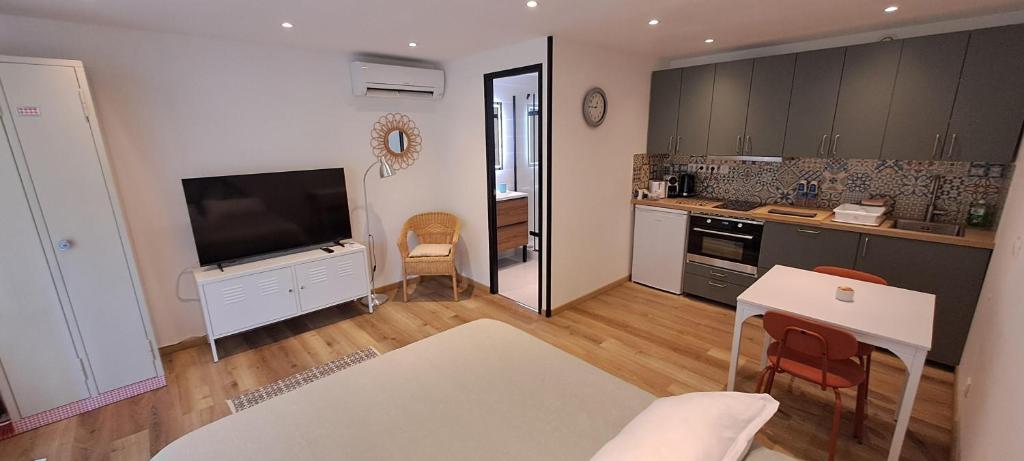 a living room with a television and a kitchen at Studio calme proche de Nice in Colomars