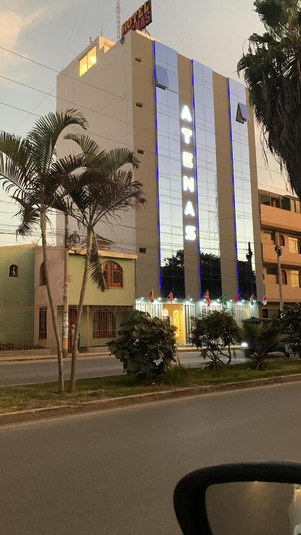 a large building with a palm tree in front of it at Hotel Atenas in Barranca