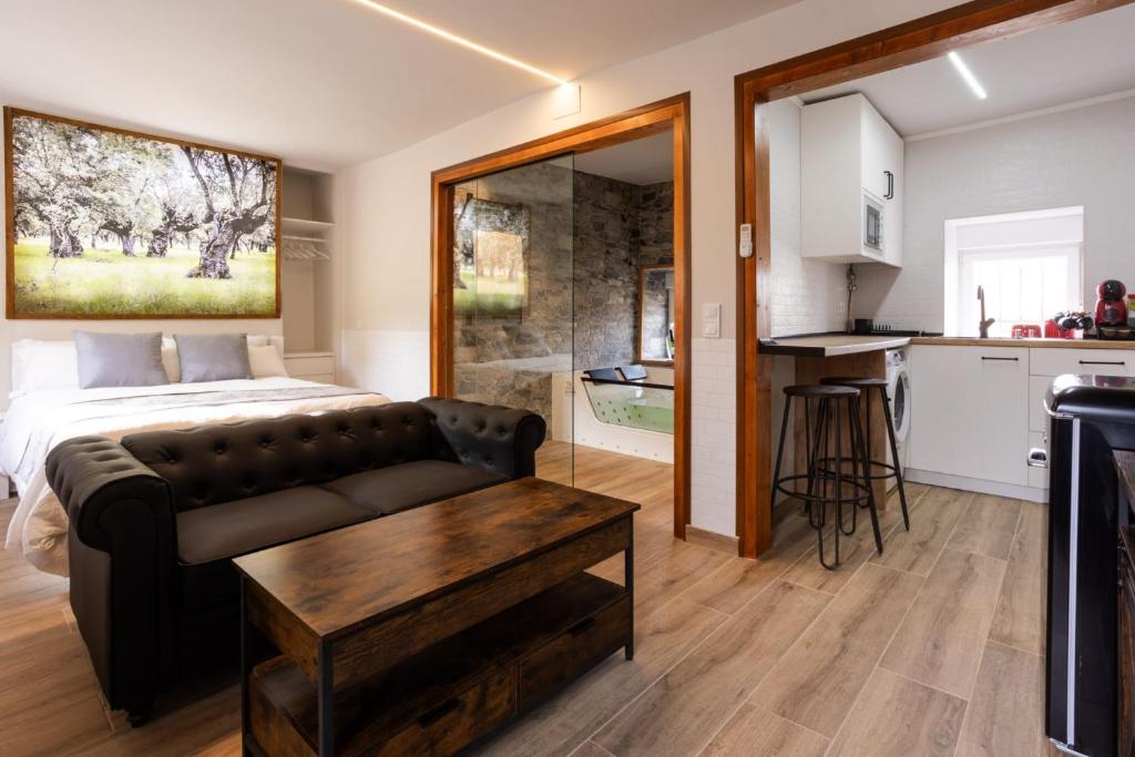 a bedroom with a bed and a couch and a kitchen at REFUGIO De PERNACIO in Ávila