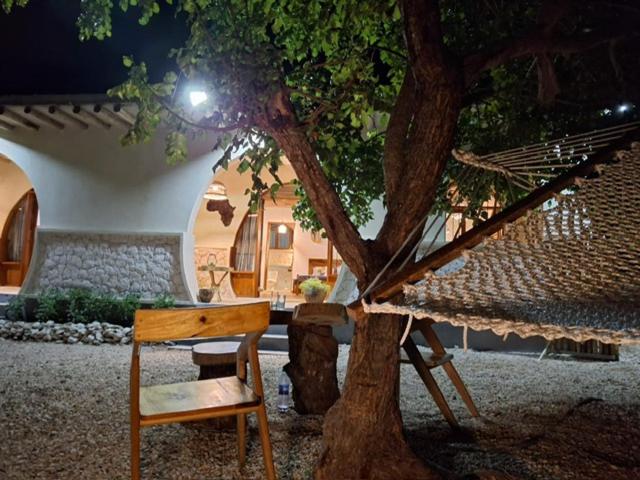 a chair sitting next to a tree in front of a building at Hakuna Marika in Umbuji