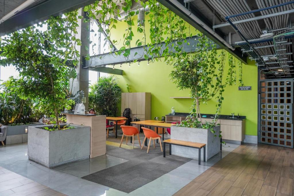 a restaurant with tables and chairs and plants at Purísima 5 0 in Monterrey