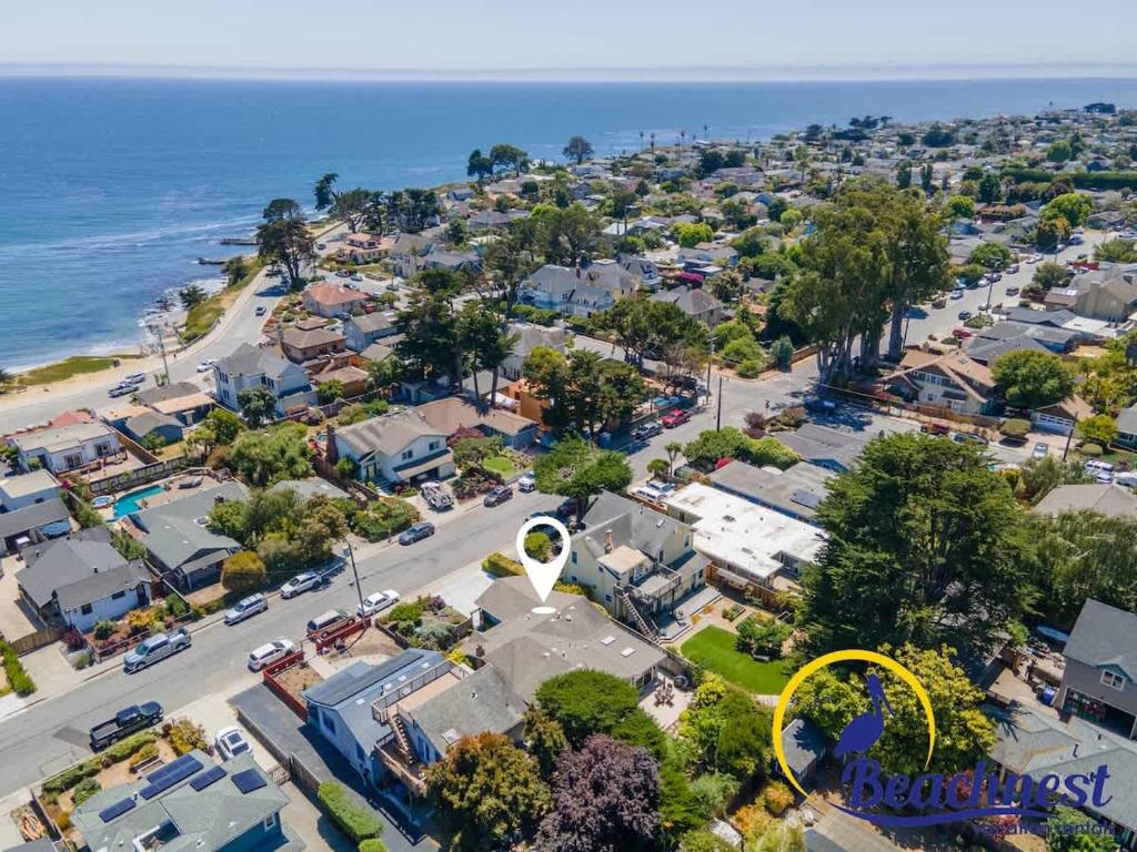 an aerial view of a residential suburb with the ocean at Mitchell's Cove Beach House in Santa Cruz