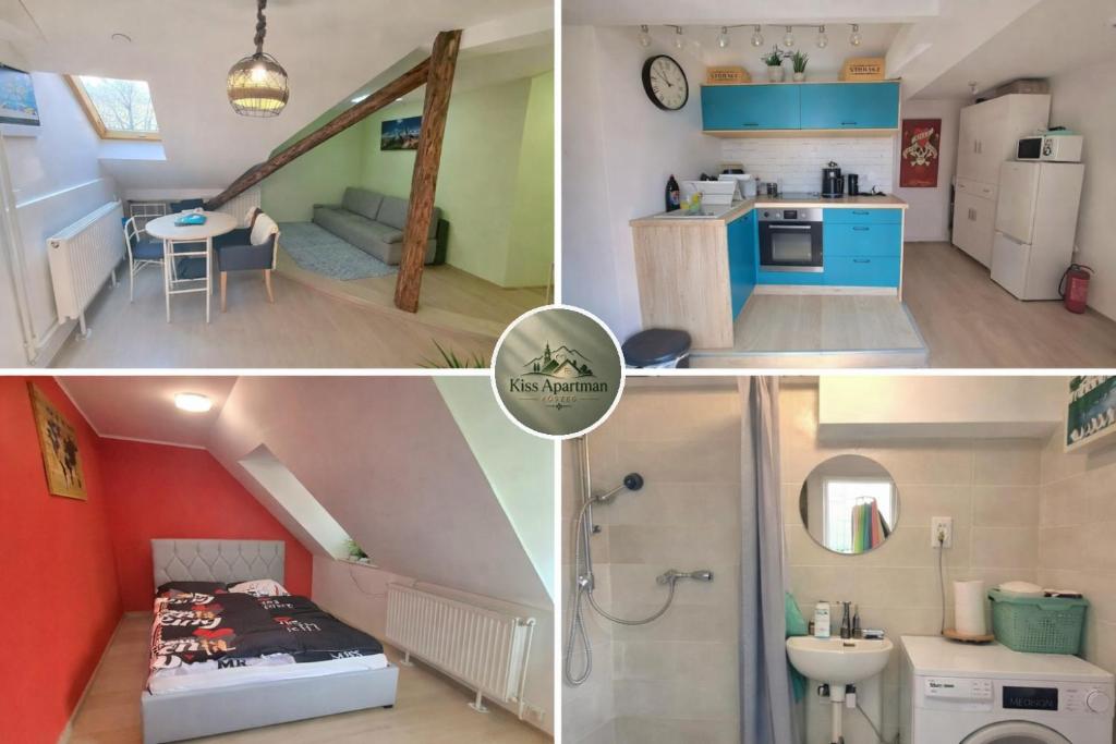 three pictures of a small bathroom and a room at KissApartman in Kőszeg
