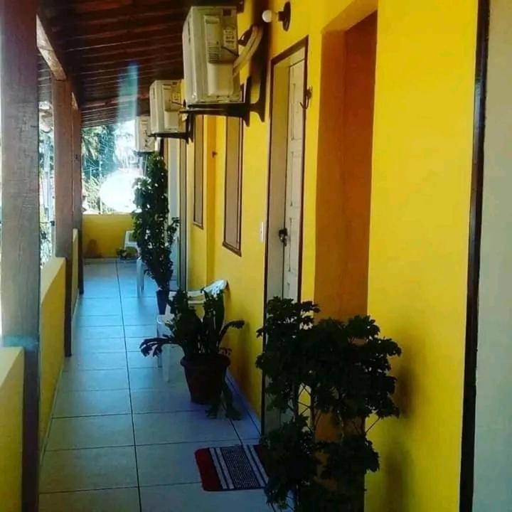 a hallway with potted plants and a yellow wall at Pousada Oritibe in Cairu