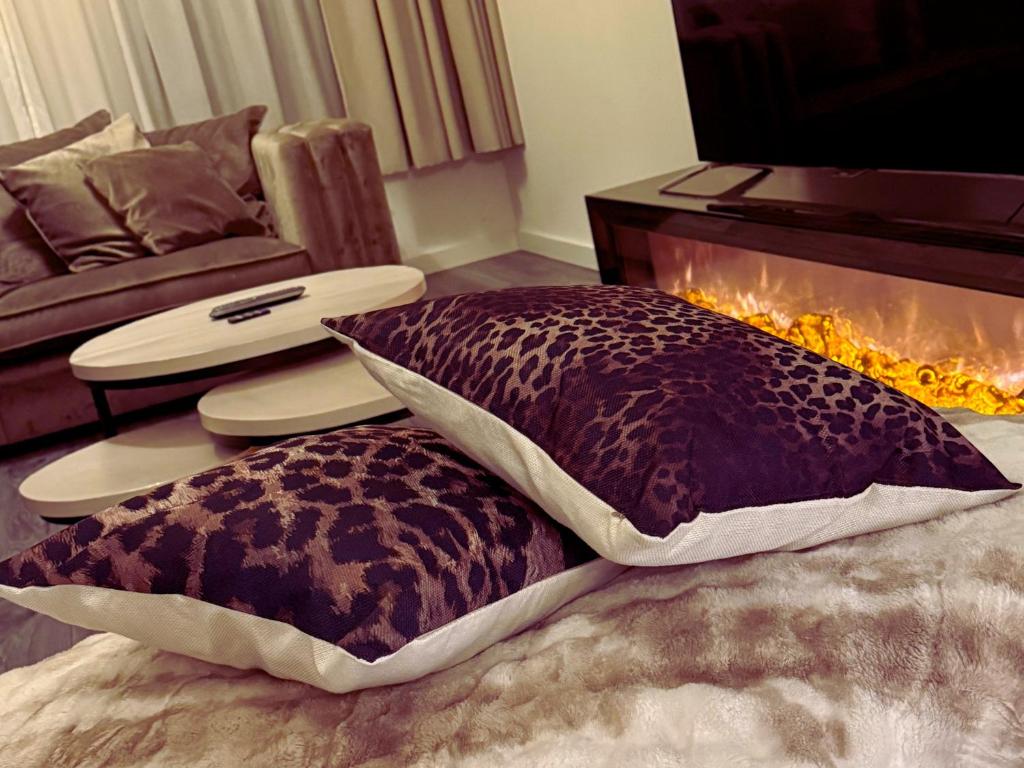 a living room with a leopard pillows and a fireplace at Woonhuis 170m2 Rotterdam Centrum in Rotterdam