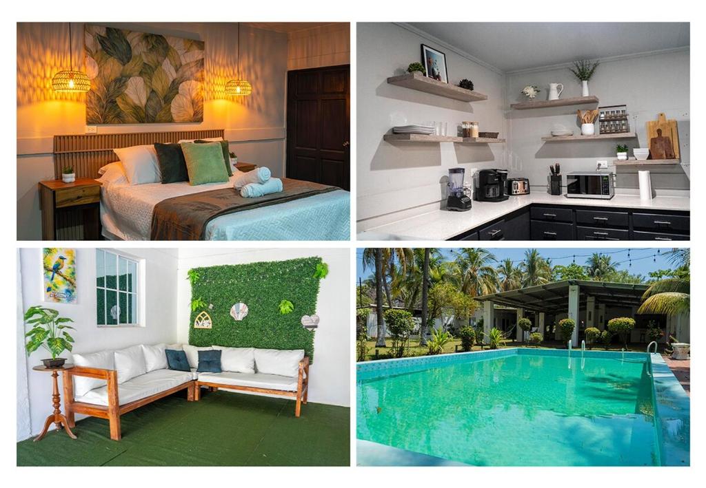 a collage of pictures of a room with a bed and a pool at Brisas del Mar, Costa Azul - Private Pool in Acajutla