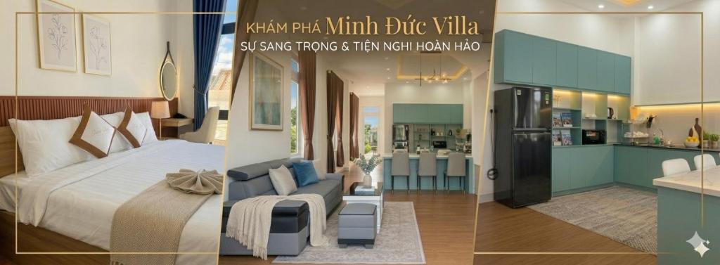 two pictures of a hotel room with a bed and a kitchen at Minh Đức Villa in Da Lat