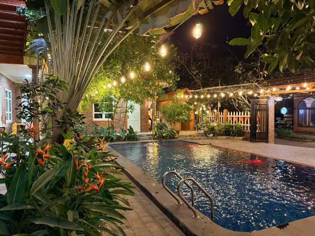 an indoor swimming pool with lights and plants at Cosiana Homestay in Ninh Binh