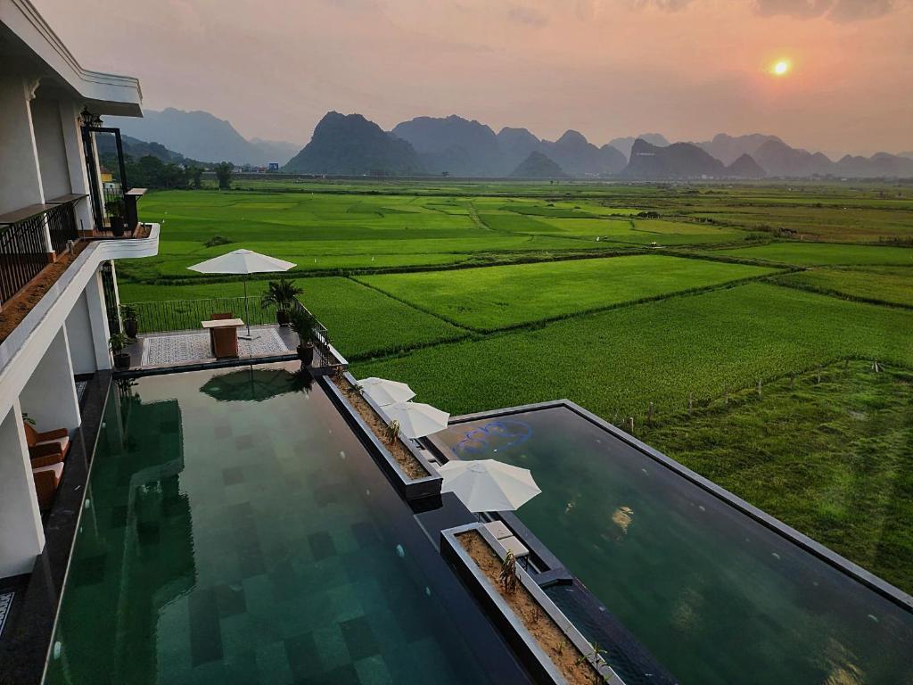 a swimming pool with a view of a field at Karst Residence Phong Nha in Phong Nha