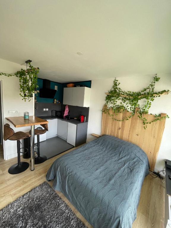 a bedroom with a bed and a desk and a kitchen at Au Cosy Studio I proche Europapark in Erstein