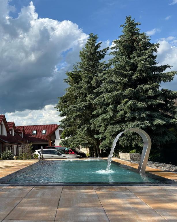 a fountain in a pool in front of trees at Apartmány Lhota in Bechyně