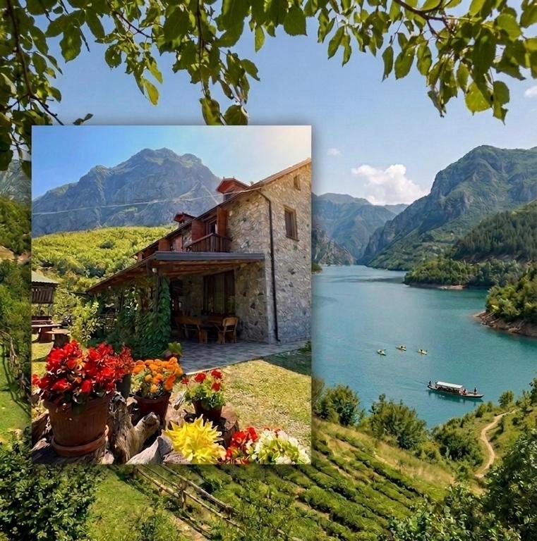 a collage of a picture of a house and a lake at Guest House Aprripe Guri in Fierzë
