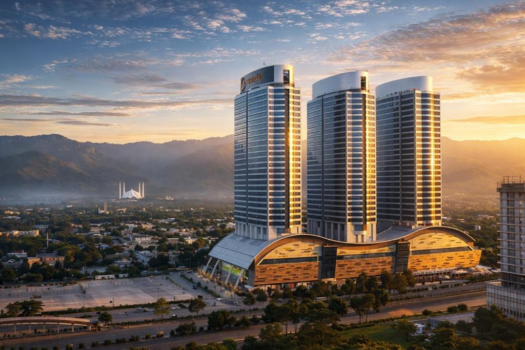 a group of tall buildings in a city at Walk-Inn Centaurus Hotel Apartments Islamabad in Islamabad