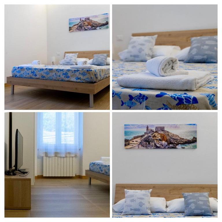 four pictures of a bedroom with two beds and a television at CadiSmart in La Spezia