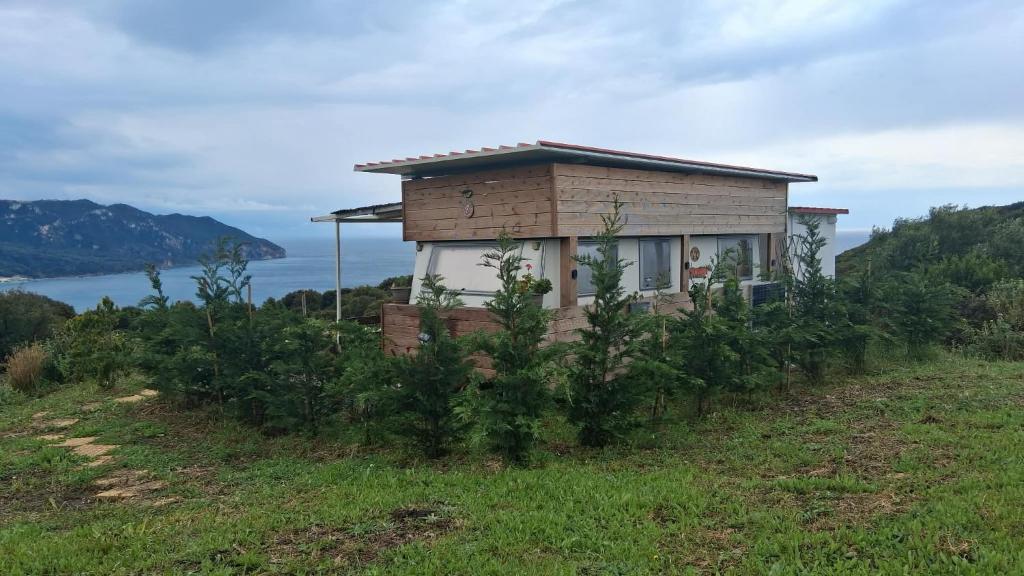 ein Haus auf einem Hügel mit Büschen in der Unterkunft Fox Caravan in Afionas