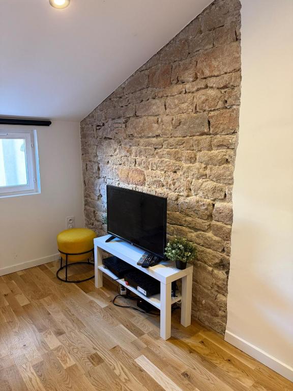 a living room with a tv and a stone wall at Studio Douillet in Mâcon