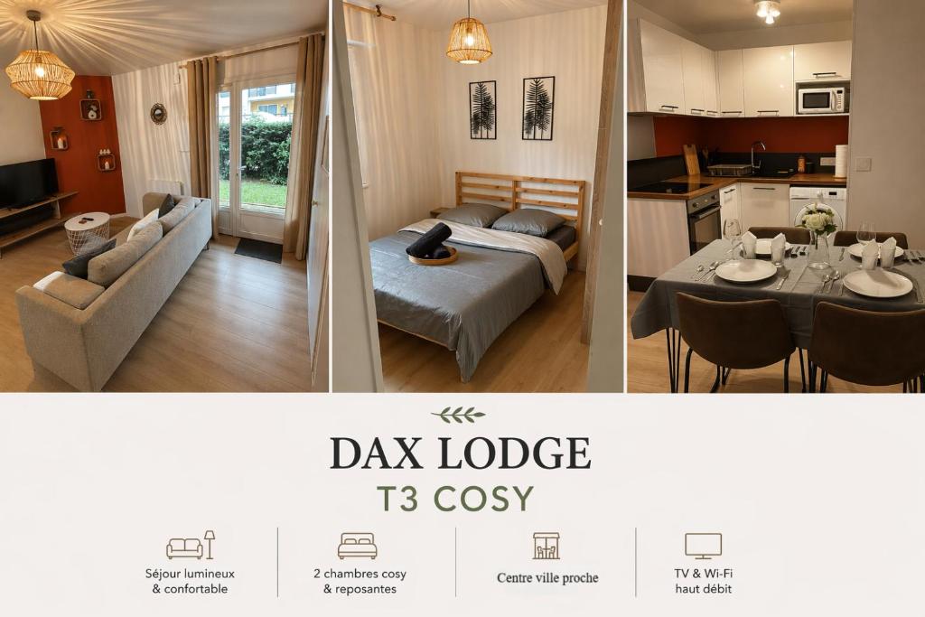 a collage of three pictures of a day lodge tvscoxliest at DaxLodge T3 cosy in Dax