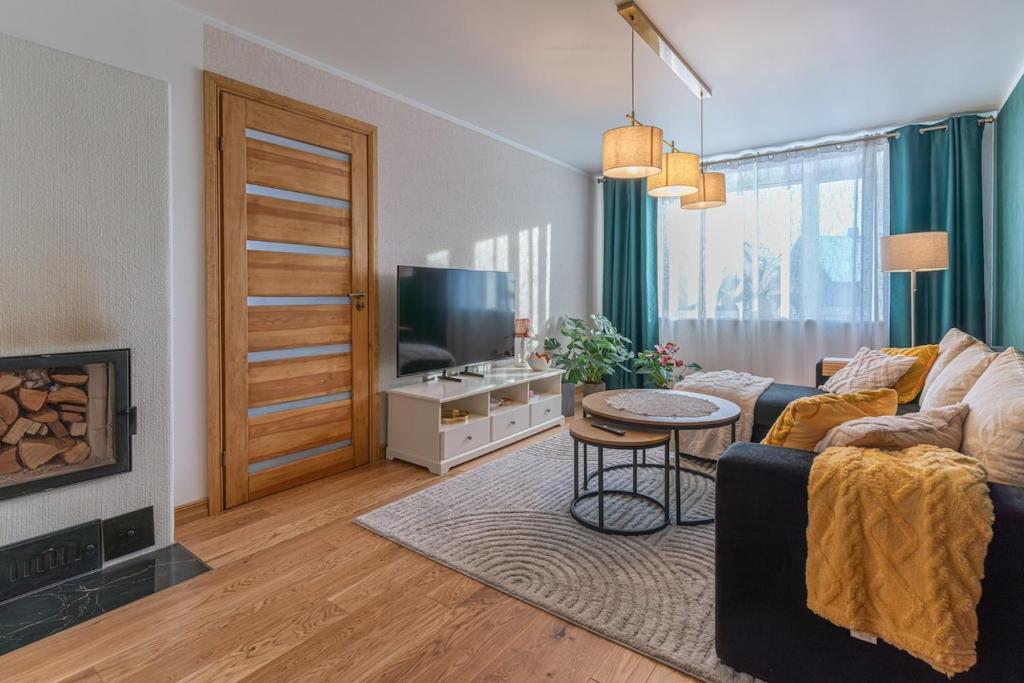 a living room with a couch and a fireplace at One bedroom apartment in Viljandi