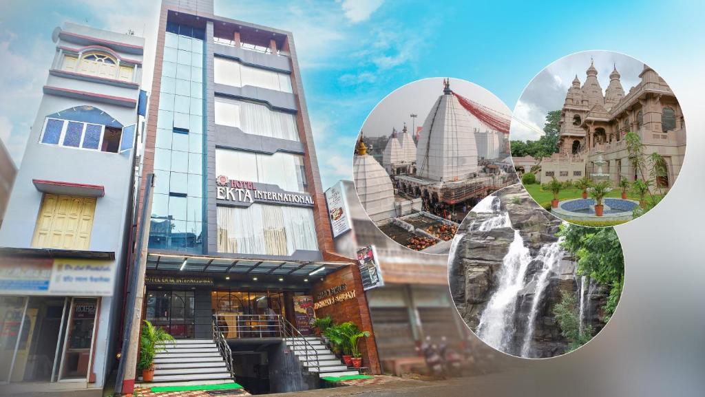 a collage of photos of buildings and a waterfall at Hotel Ekta International !! 300 Mts From BABA BAIDYANATH DHAM TEMPLE !! in Deoghar