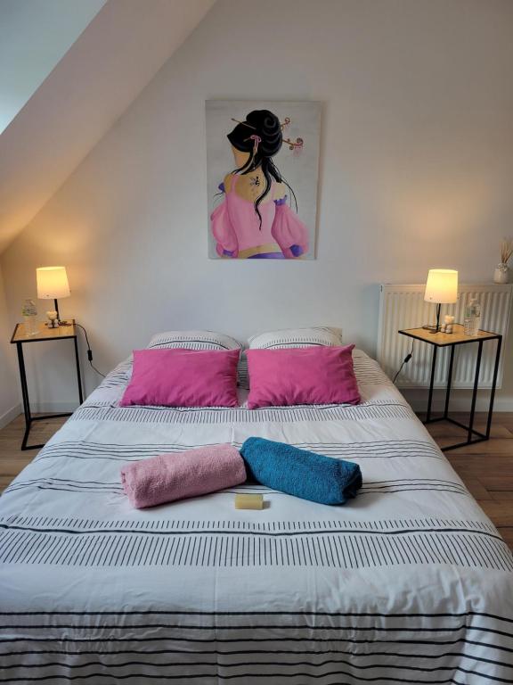 a bedroom with a bed with pink and blue pillows at chambre d'hôte in Pleslin-Trigavou