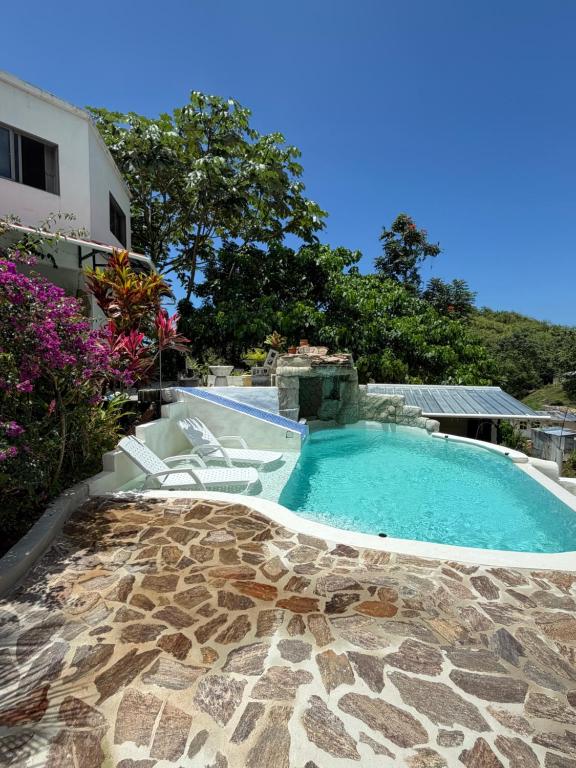 ein Swimmingpool in einem Hof mit Steinboden in der Unterkunft Meridiana in Las Terrenas
