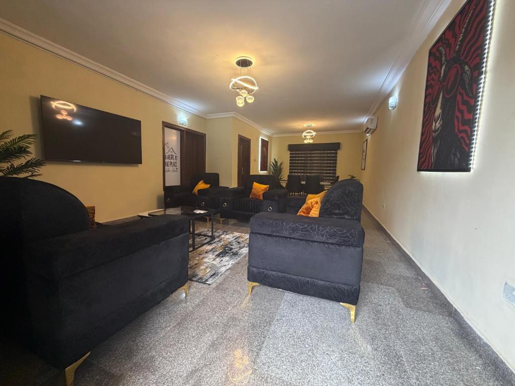a living room with couches and a flat screen tv at Max Heron in Ikeja