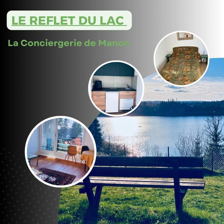 a collage of pictures of a bench and a lake at Le Reflet du Lac in Malbuisson