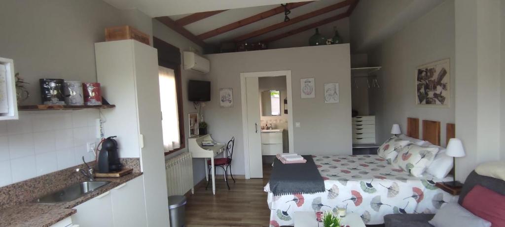 a small room with a bed and a kitchen at EntrePontes in Tui