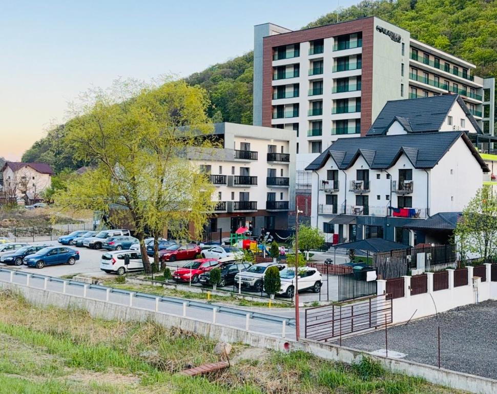 a parking lot with cars parked in front of a building at GRAND Caciulata in Caciulata