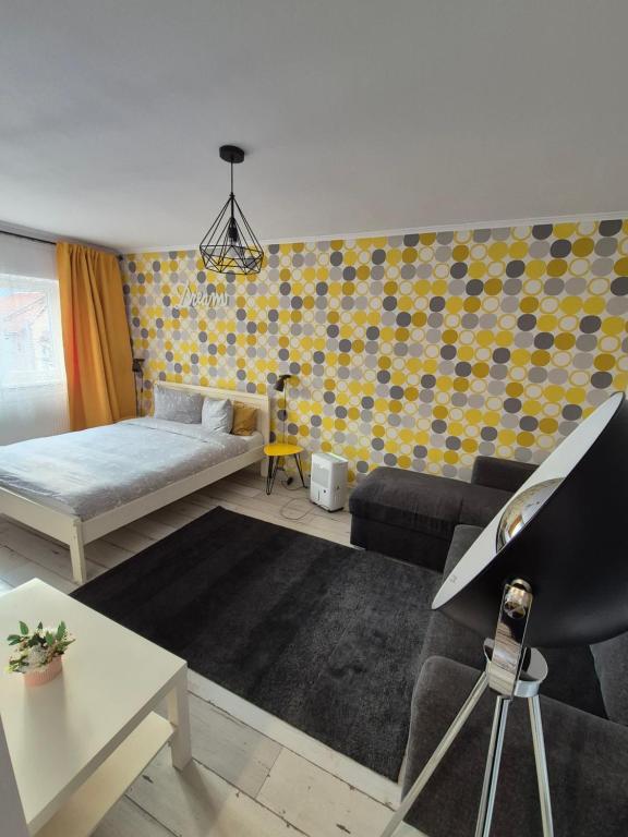 a living room with a bed and a couch at Dream Studio 2 Petrosani in Petroşani