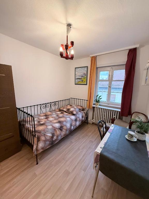 a bedroom with a bed and a table at Nora Private Home on Neckar in Heidelberg