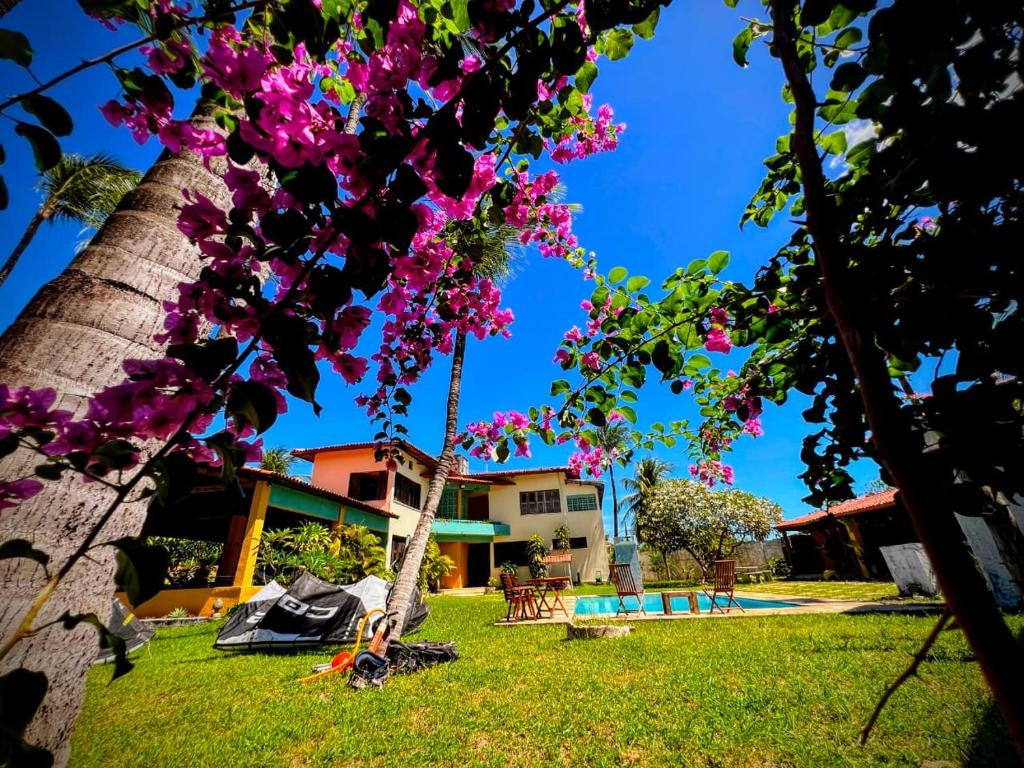 a tree with pink flowers in front of a house at Casa Mandacaru Pousada in Cumbuco
