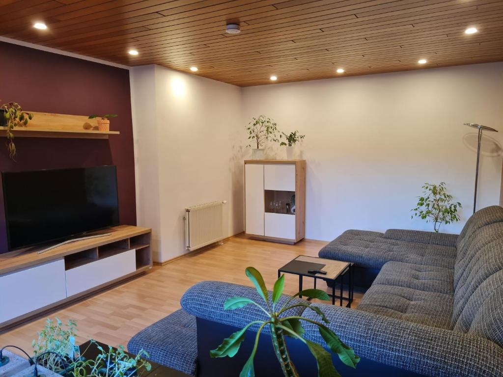 a living room with two couches and a flat screen tv at Ferienwohnung Sonnenschein in Tülau