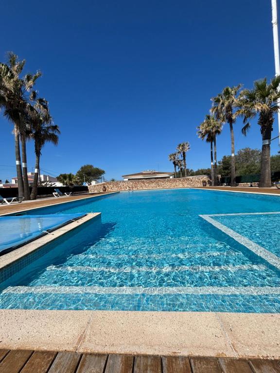 a swimming pool with palm trees and a blue sky at Apartamentos QEli in Son Carrio