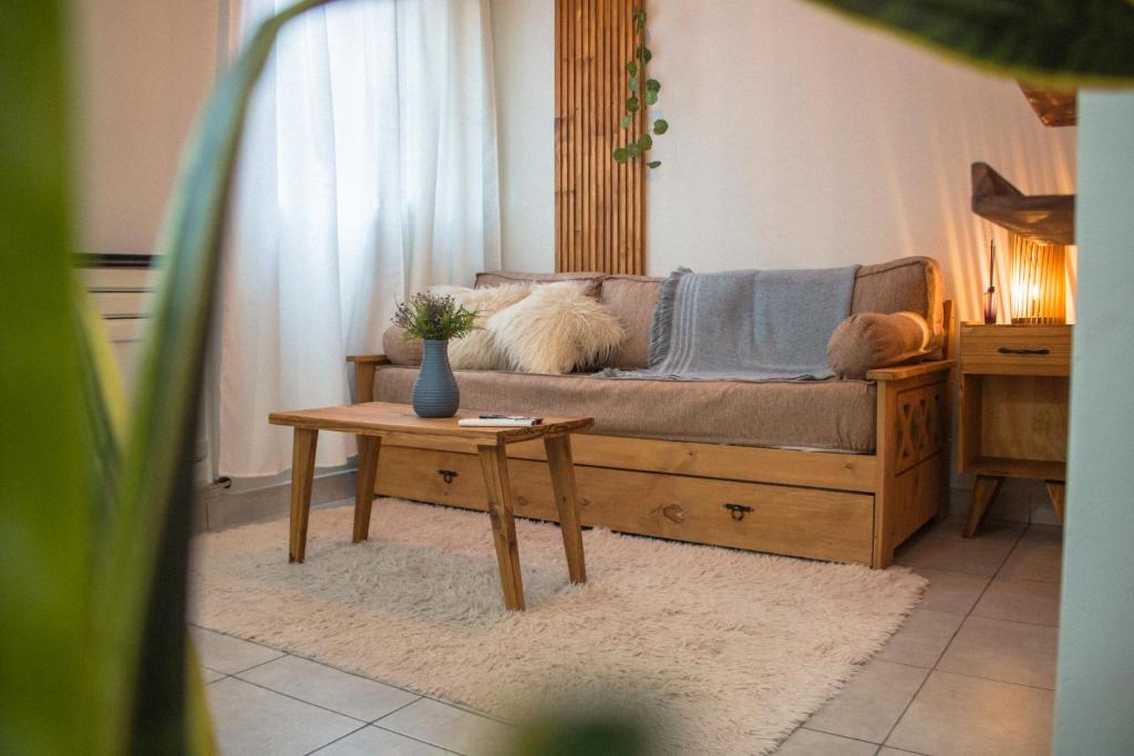 a dog sitting on a couch in a living room at Aloha Nelly - Departamento de alquiler por día in Trelew