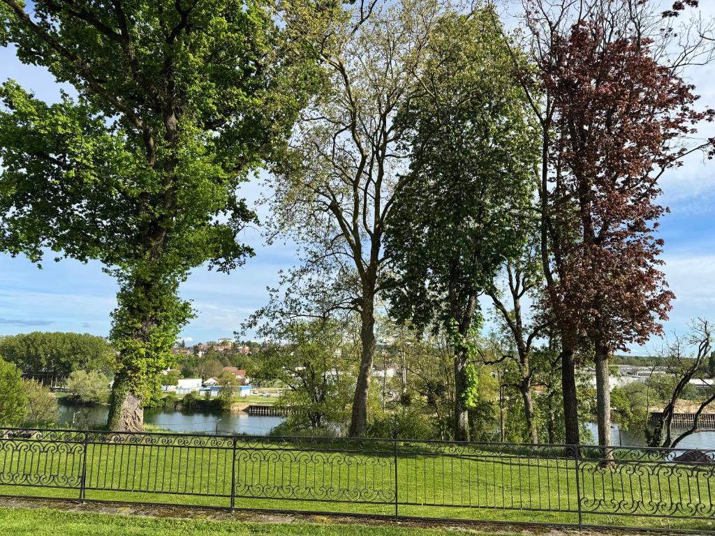 a fence in front of a river with trees at Villa du Parc de Scey in Dole