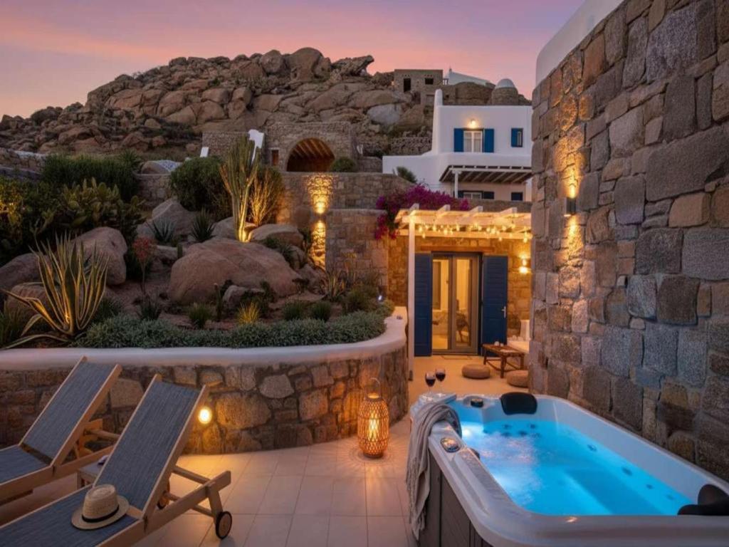 a villa with a jacuzzi tub in a yard at Suite with Jacuzzi & Sea View in Mikonos