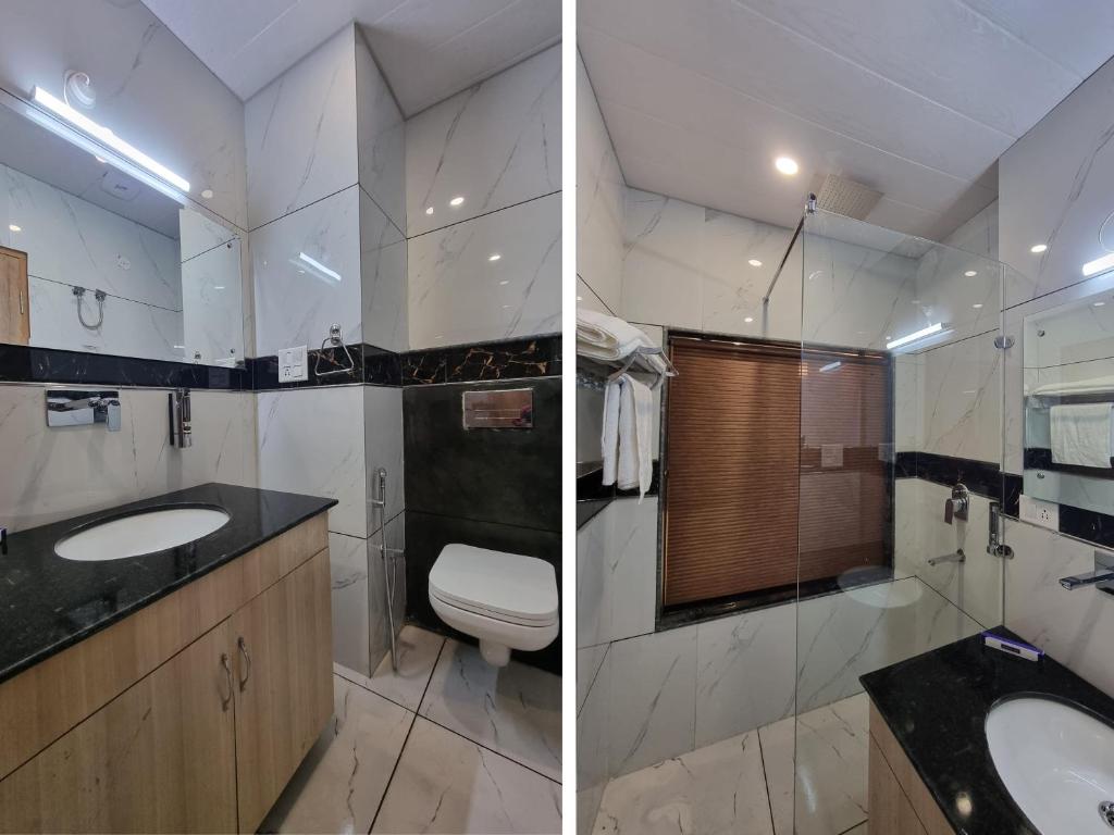 two pictures of a bathroom with a toilet and a sink at Hotel Mistwood in Banikhet