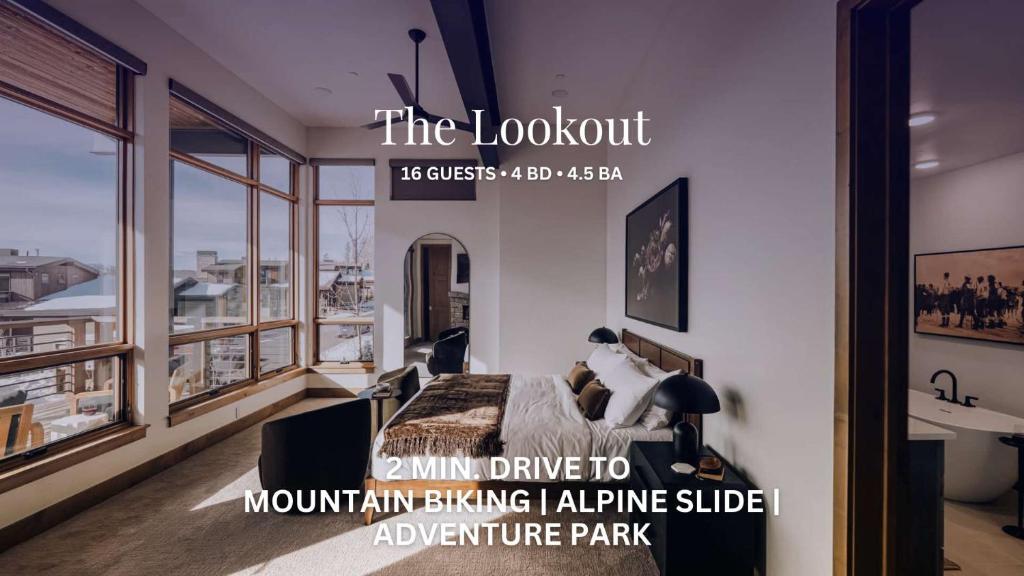 a poster of a bedroom with a bed and a balcony at The Lookout in Winter Park