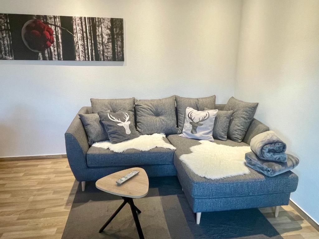 a blue couch with pillows on it in a living room at Ferienwohnung Mutter in Schluchsee