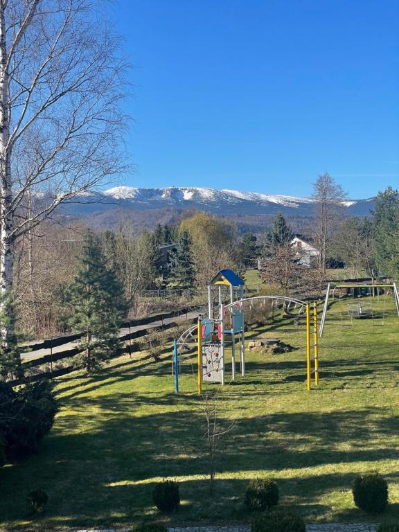 a playground in a field with trees and mountains at Luma Hause & Spa Karkonosze in Wojcieszyce