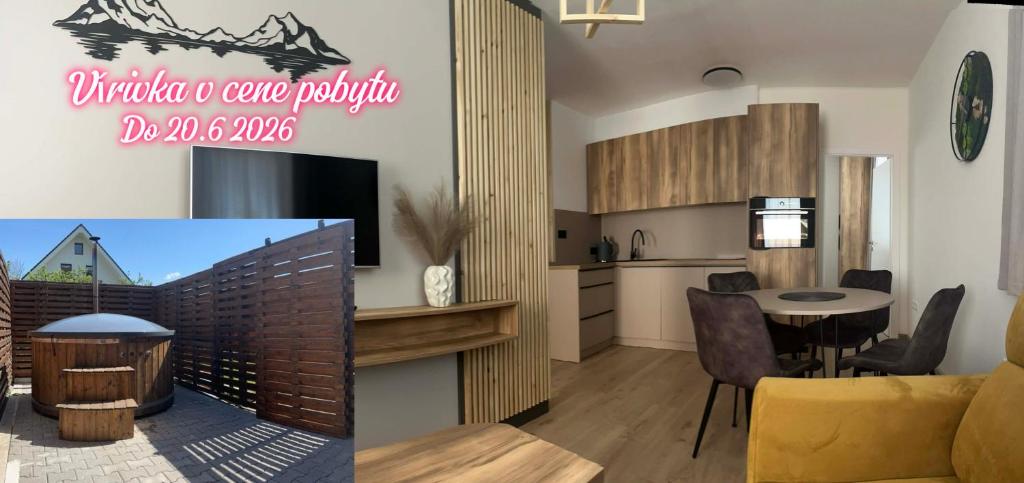 a living room with a kitchen and a dining room at Apartman Valnela in Veľká Lomnica