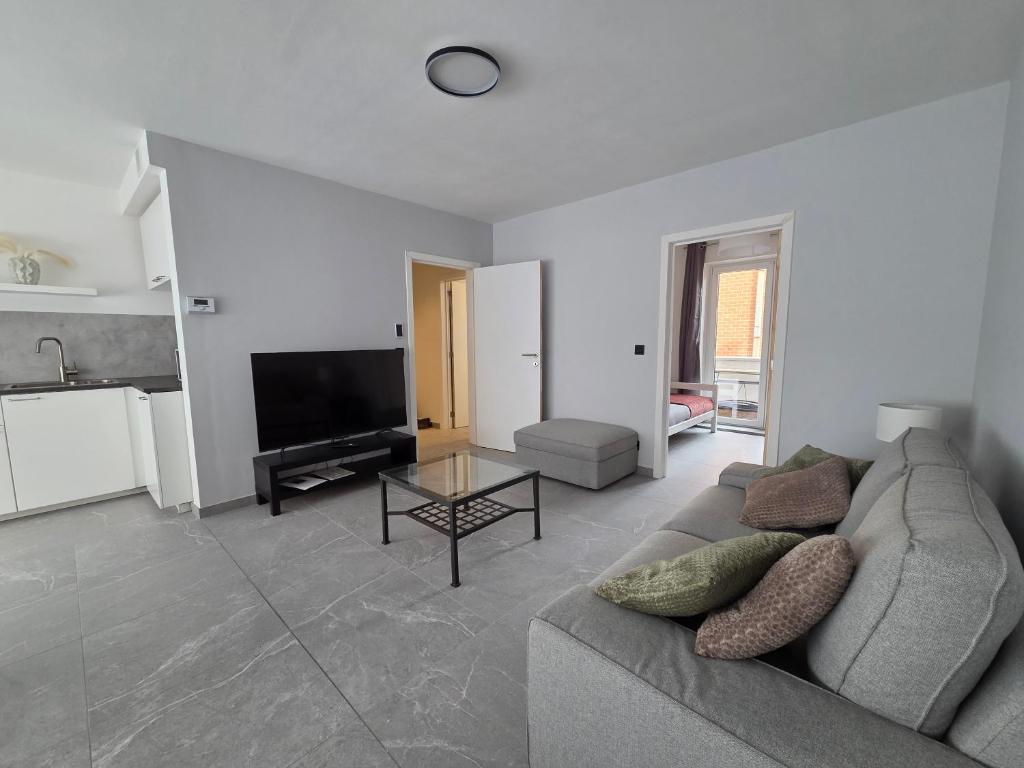 a living room with a couch and a television at Flexi flat Gosselies Providence 12 in Charleroi