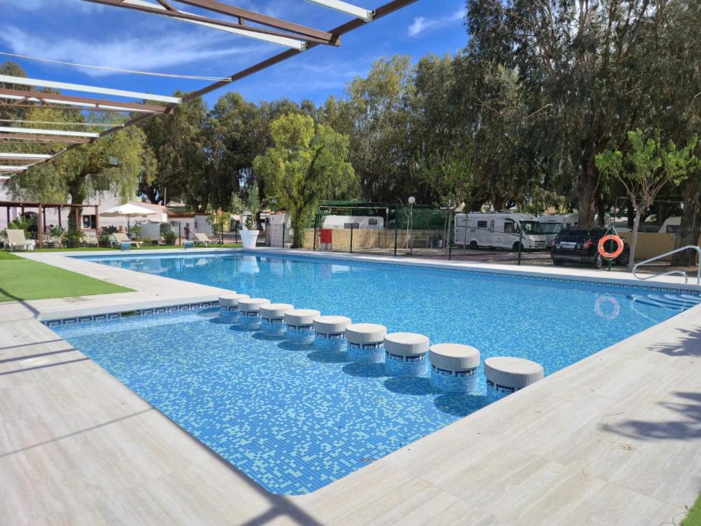 a swimming pool with a row of stools at Camping El Jardín in El Campello