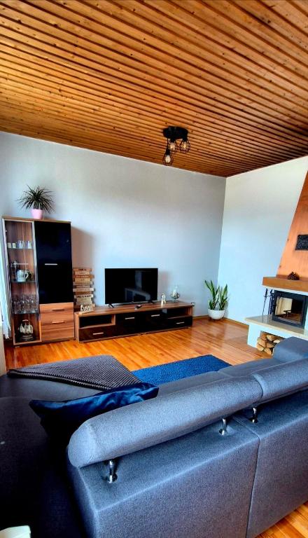 a living room with a blue couch and a flat screen tv at Ferienwohnung Altes Schulhaus Walberngrün in Grafengehaig