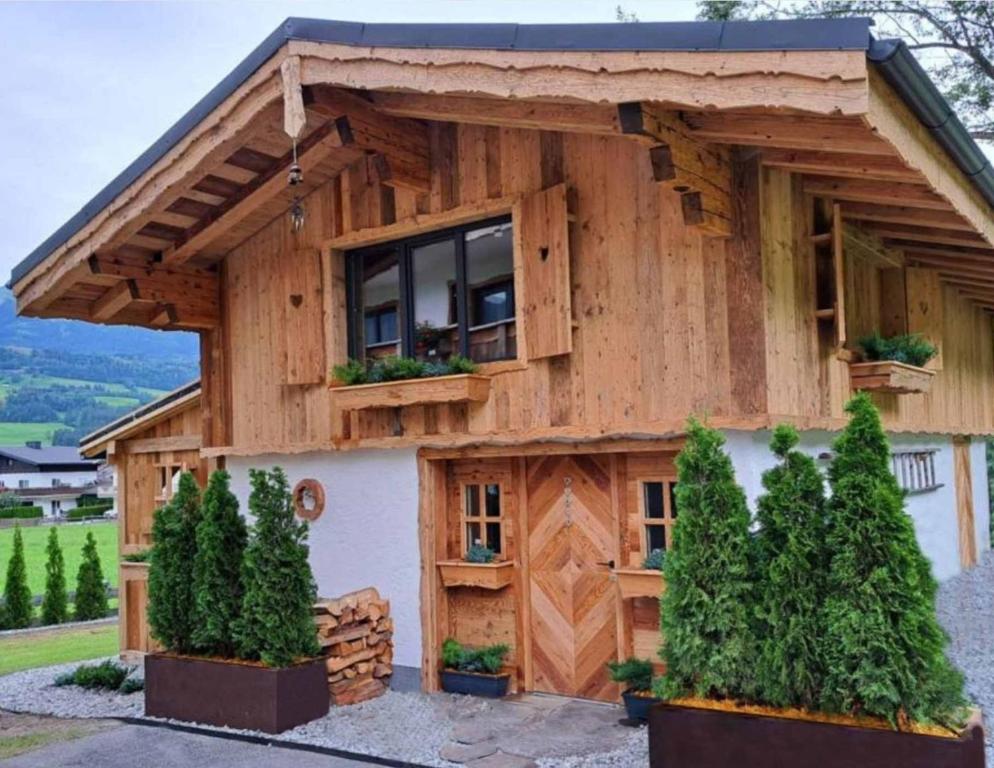 a wooden house with a large window and some trees at Chalet-Kitzalpen in Hollersbach im Pinzgau